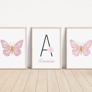 Personalized Pink Butterflies Set of 3 Nursery Art Prints, Butterfly Wall Art, Glitter Nursery Decor, Play Room, Girl Baby Room Ideas, 116 image 2