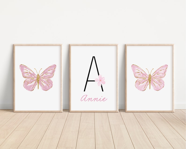 Personalized Pink Butterflies Set of 3 Nursery Art Prints, Butterfly Wall Art, Glitter Nursery Decor, Play Room, Girl Baby Room Ideas, 116 image 2