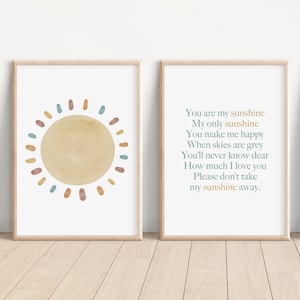 You Are My Sunshine Set of 2 Nursery Prints, Nursery Wall Art, You are my Sunshine Artwork, Sun Nursery Artwork, Boho Nursery Artwork