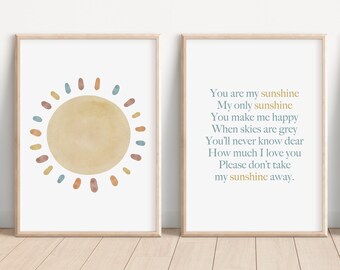 You Are My Sunshine Set of 2 Nursery Prints, Nursery Wall Art, You are my Sunshine Artwork, Sun Nursery Artwork, Boho Nursery Artwork