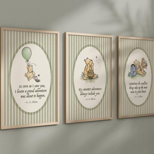 Juego de 3 láminas clásicas de Winnie the Pooh para habitación infantil, decoración de habitación infantil de género neutro, citas inspiradoras de Winnie the Pooh, regalo para bebé recién nacido.