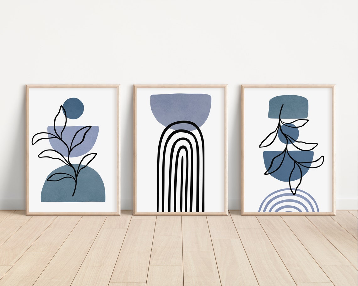 Set Of 3 Boho Abstract Wall Art Prints Navy Blue Boho Wall Decor Set 
