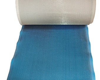 May include: A roll of light gray mesh fabric partially unrolled to reveal a section of blue mesh fabric. The mesh has a fine, textured weave, and the blue section is spread out.