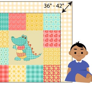May include: A patchwork quilt with a light brown background and a variety of colorful squares. The quilt features a blue alligator with a red, white, and blue patterned body. The quilt is 36 to 42 inches in size.