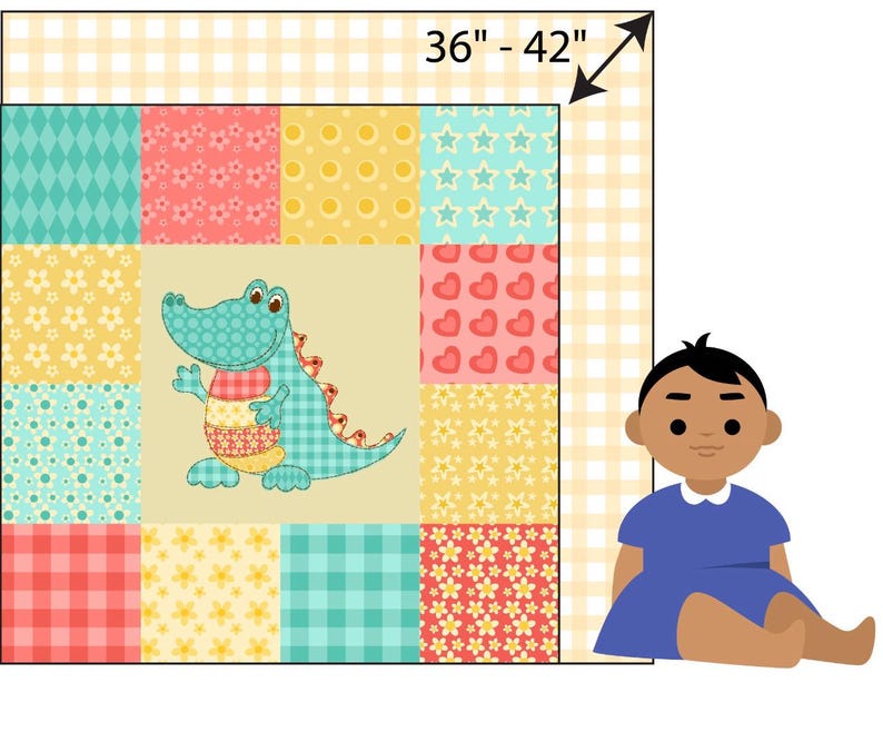 May include: A patchwork quilt with a light brown background and a variety of colorful squares. The quilt features a blue alligator with a red, white, and blue patterned body. The quilt is 36 to 42 inches in size.