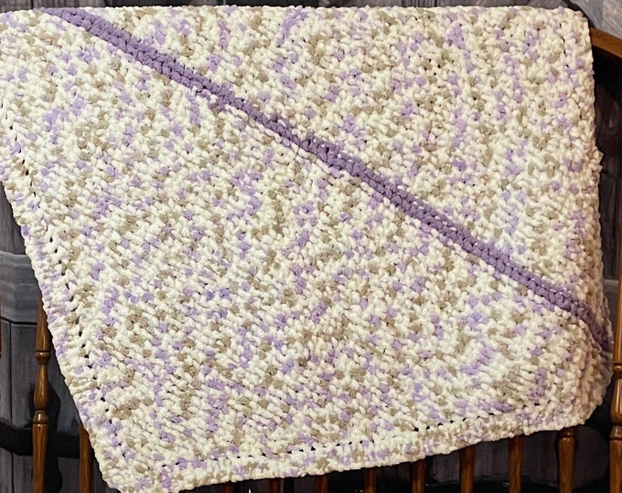 Lilac Tweed & Solid Purple Diagonal Stripe with Edging Handmade Baby Blanket