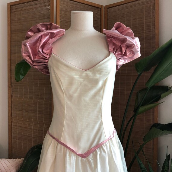 1980's Prom Gown in Cream/Pink Lamé with iridescen