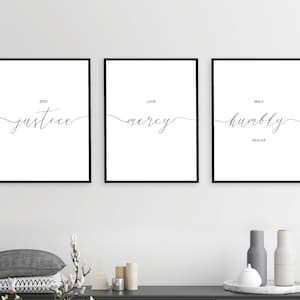 Seek Justice, Love Mercy, Walk Humbly, Bible Verse Micah 6:8 Scripture Printable Quote, Printable Poster Set of 3 Pieces, Christian Wall Art