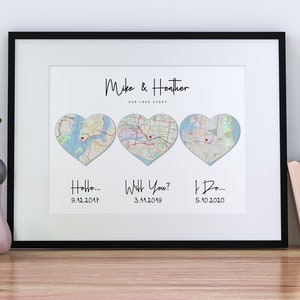 Hello Will You I Do, 3 Heart Map Print, First Anniversary Gift, Wedding Gift For Couple, Cotton Anniversary, Met Engaged Married