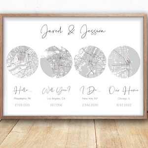 Hola, ¿Quieres?, Sí, quiero, Nuestro hogar, 4 mapas, regalo de boda para el primer aniversario de bodas para parejas, mapa de amor personalizado para imprimir, Donde todo comenzó