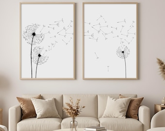 Dandelion Art Print Set, Black and White Minimalist Decor, DIGITAL Download