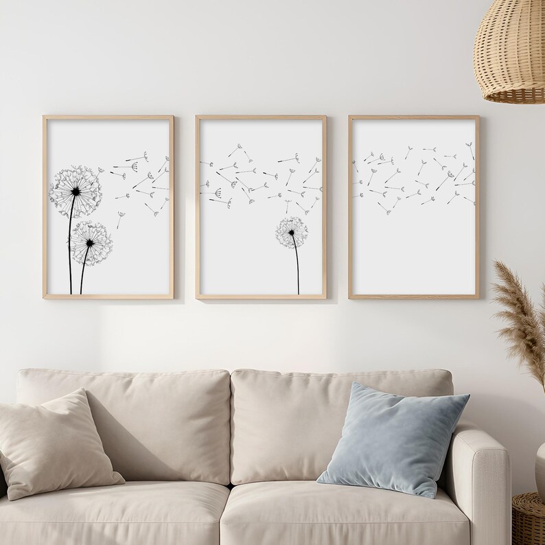 Dandelions Wall Art, Minimalist Print, Scandinavian Modern Graphi Decor (Digital files) image 1