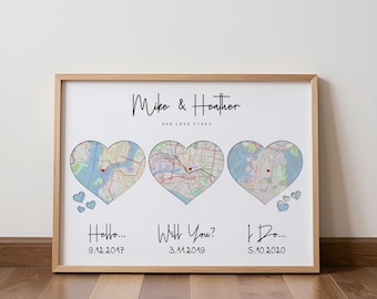Personalized Love Story Map Art Print, Anniversary Gift (Digital File 24h)