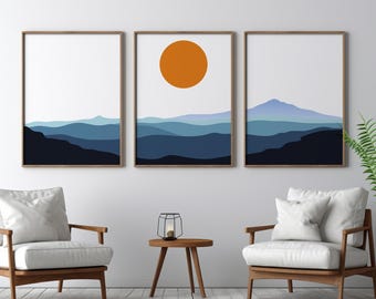 Minimalist Mountain Prints, Blue Landscape Scandinavian Wall Art (Digital Download)