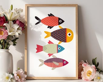 Mid Century Modern Fish Print, Folk Art Fish Poster, Digital Download
