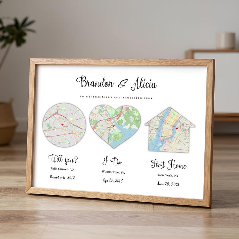 Personalized Three Map Art Print, Engagement Anniversary Gift (digital ...