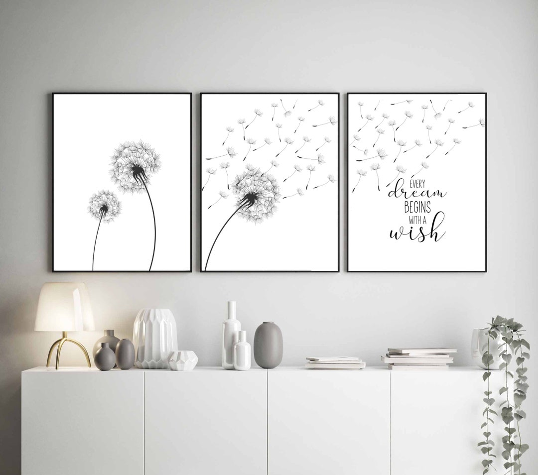 Dandelion Wall Art, Dandelion Set of 3 Print, Every Dream Begins With A