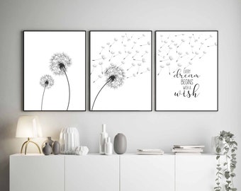 Dandelion Wall Art,  Dandelion Set of 3  Print, Every Dream Begins With A Wish, Positive Wall Art, Inspiring Wall Art, Motivational Print