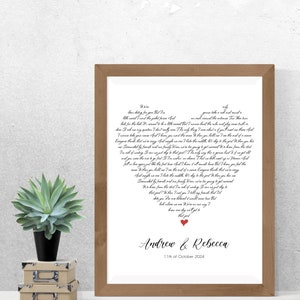 Impressão de música personalizada, letras em formato de coração, arte de parede com letras de músicas de casamento, presente de casamento, primeira dança, impressão de letras de músicas personalizadas