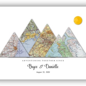 May include: A white background with a yellow sun in the top right corner. Five mountain peaks are made of vintage maps, with the text "Adventuring Together Since" and "Bryce & Danielle" below the peaks. The date "August 22, 2020" is below the names.