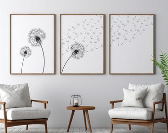 Dandelion Print Set of 3, Black and White Minimalist Decor, DIGITAL Download
