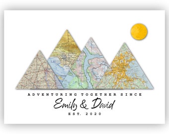 Personalized Adventure Map 4 locations mountains , Custom Travel Poster, Last Minute Gift, Custom Anniversary Gift for Couples
