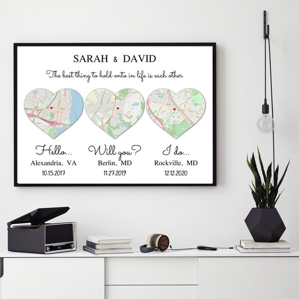 Hello, Will You, I Do, Custom Map Printable, Met, Engaged,  Married Map, Gifts For Him, Valentine's Gift, Our Story So Far, Personalized Map