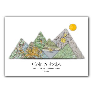 Gepersonaliseerde avonturenkaart, bergen met 6 locaties, aangepaste reisposter, samen avontuur, cadeau voor ouders, cadeau voor stel, unieke geschenken