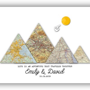 Póster de viaje personalizado, mapa de aventuras personalizado, montañas con 4 ubicaciones, regalo de aniversario, mapa de aventuras mundial personalizado