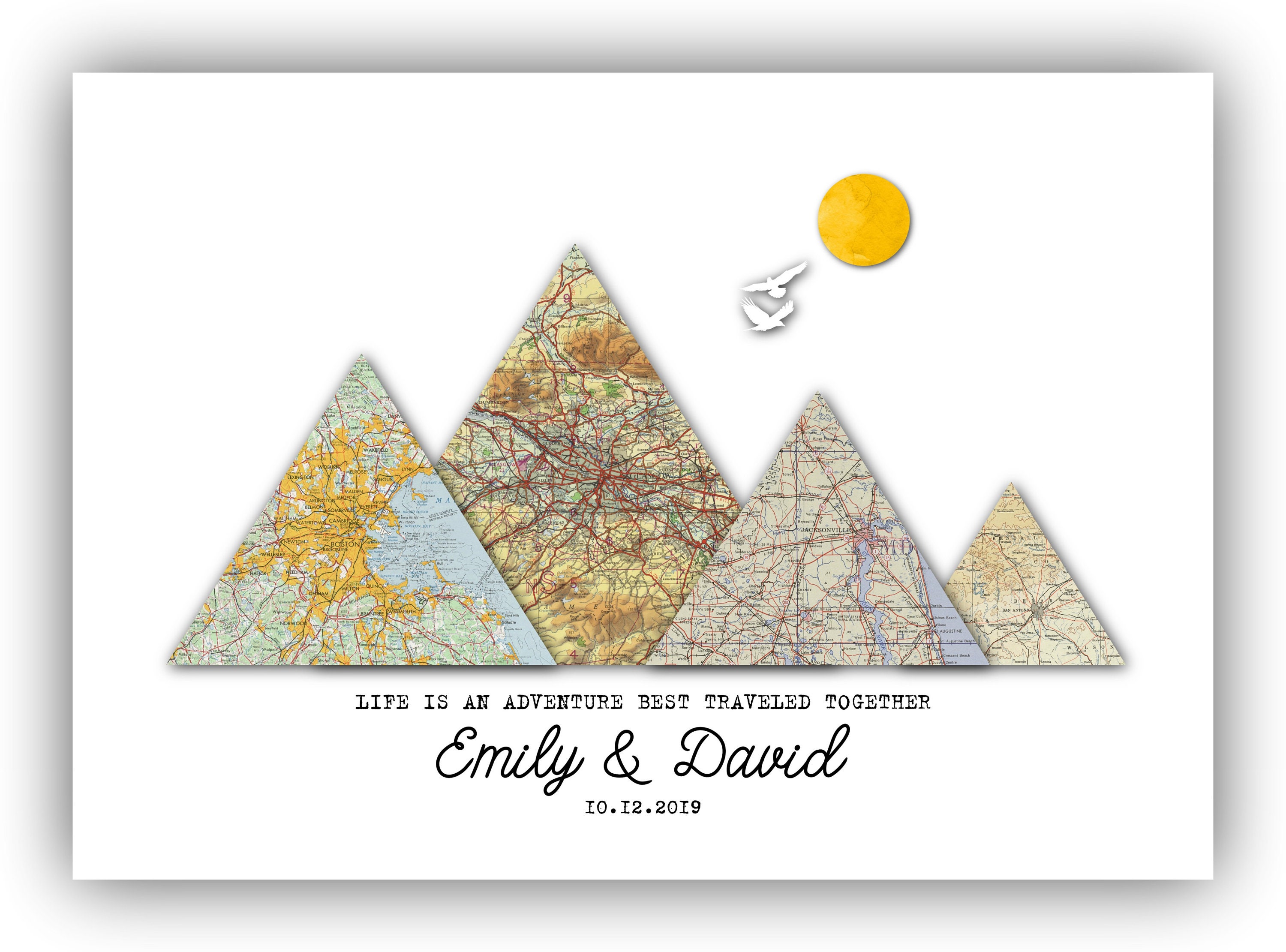 Custom Travel Poster, Personalized Adventure Map, 4 locations mountains, Anniversary Gift, Personalized World Adventure travel map