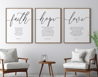 Faith Hope Love Bible Verse Set of 3, Scripture Printable Wall Art (Digital files)