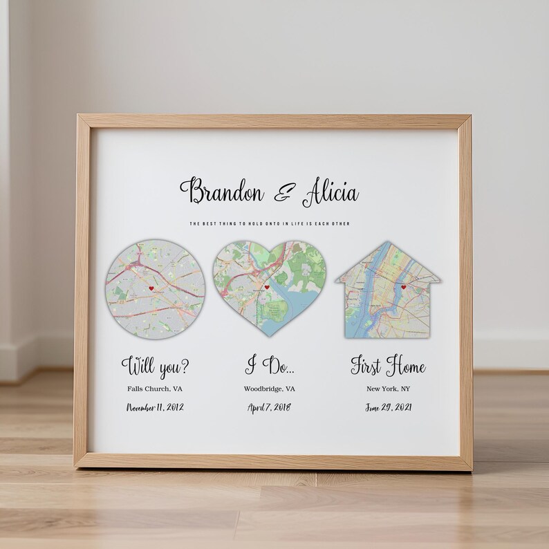 Personalized Three Map Art Print, Engagement Anniversary Gift (digital ...