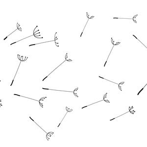 May include: A pattern of black dandelion seed heads scattered across a white background. Each seed head consists of a thin stem and a cluster of delicate, radiating filaments with small dots at the tips, creating a simple, repeating graphic design.