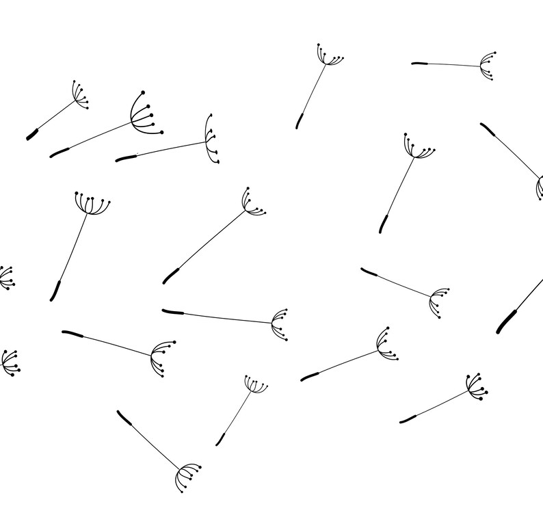 May include: A pattern of black dandelion seed heads scattered across a white background. Each seed head consists of a thin stem and a cluster of delicate, radiating filaments with small dots at the tips, creating a simple, repeating graphic design.
