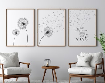 Dandelion Wall Art, Dandelion Set of 3 Print, Every Dream Begins With A Wish, Positive Wall Art, Inspiring Wall Art, Motivational Print