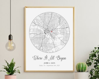Where It All Began, Custom Anniversary Map Print, Personalized Couple Gift, Where We Met Map
