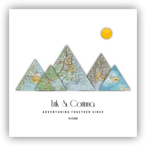 Mapa de aventuras personalizado, 5 ubicaciones en las montañas, Aventura en pareja, Póster de viaje personalizado, Regalo de boda para pareja, Regalo de aniversario personalizado
