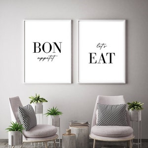 Bon Appetit Let's Eat Print, Set of 2 Kitchen Prints. Food Quote Wall Art. Modern Home Decor Poster. Dining Room Sign. Minimalist Artwork