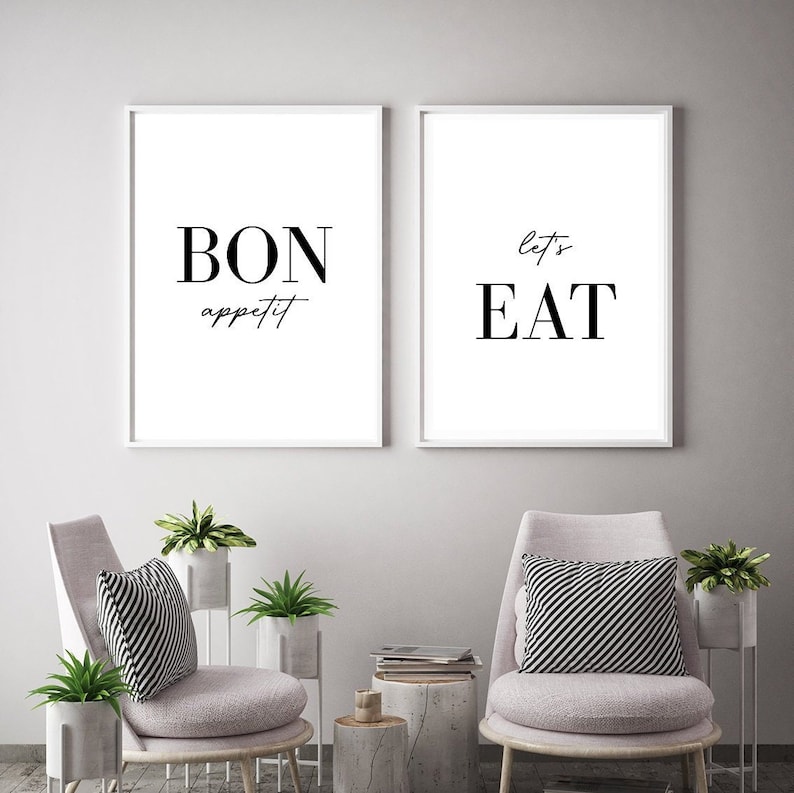 set of 2 bon appetit prints, retro cooking prints,... Bon Appetit Let's Eat, Set of 2 Kitchen Prints, Food Quote Wall Art ...