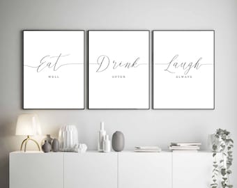 Kitchen Prints, Eat Well Drink Often Laugh Always, Set of 3 Prints, Kitchen signs, Kitchen wall decor, Farmhouse sign, Dining room decor