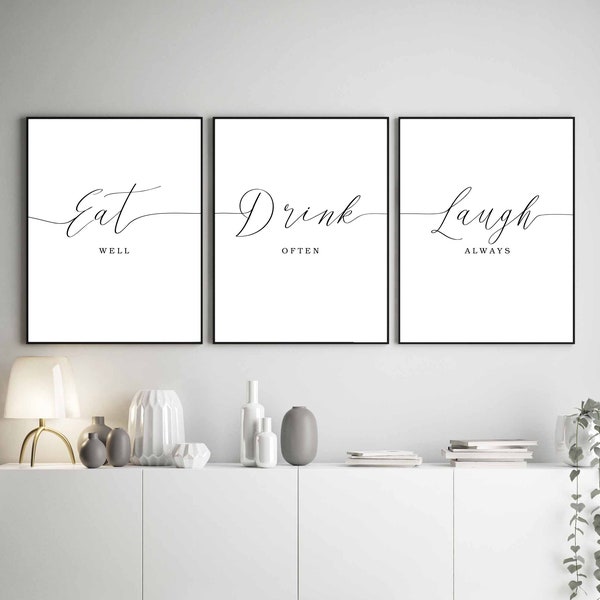 Kitchen Prints, Eat Well Drink Often Laugh Always,  Set of 3 Prints, Kitchen signs, Kitchen wall decor, Farmhouse sign, Dining room decor