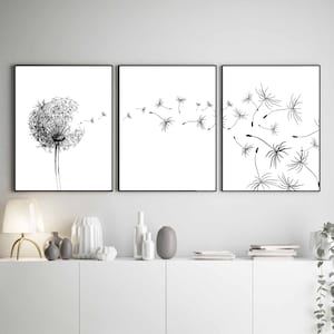 Dandelion wall art, Black And White Set, Bedroom prints, Bedroom wall art, Dandelion printable, Above bed art prints, Dandelion Decor