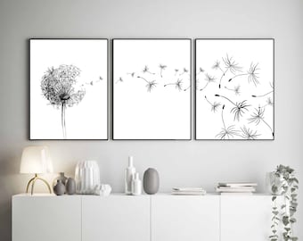 Dandelion wall art, Black And White Set, Bedroom prints, Bedroom wall art, Dandelion printable, Above bed art prints, Dandelion Decor
