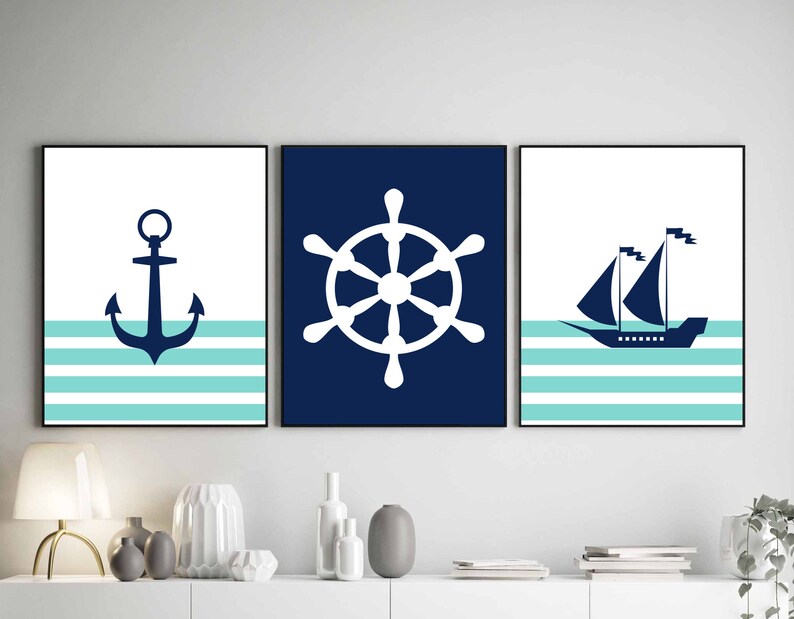 Nautical Nursery Art Print Set of 3 Navy Blue Decor Anchor Etsy