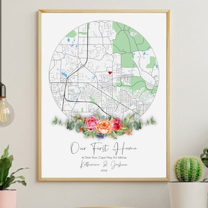 Home Sweet Home personalizzata con fiori, regalo per la nuova casa, regalo di chiusura, regalo di inaugurazione della casa per coppia, mappa della nuova casa, idea regalo, la nostra prima casa
