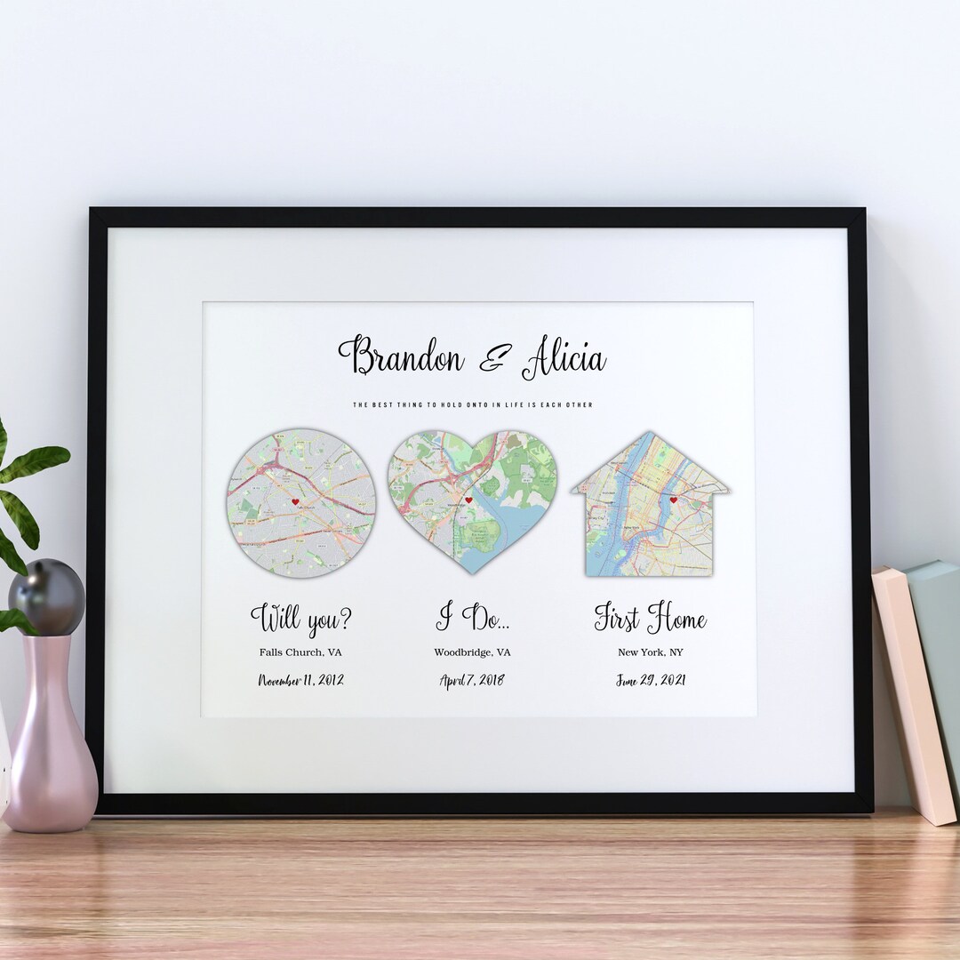 Personalized Three Map Art Print, Engagement Anniversary Gift (digital ...