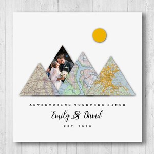 Carte où nous nous sommes rencontrés, carte de voyage d'anniversaire, carte d'aventure personnalisée, photo de la montagne et de votre famille, affiche de voyage personnalisée, cadeau pour couple