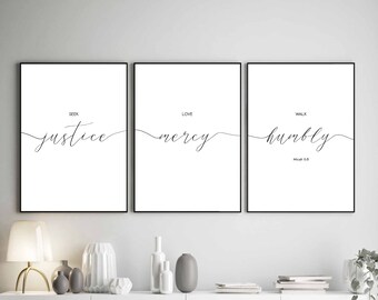 Seek Justice Love Mercy Walk Humbly, Set Of 3 Prints, Bible Verse Micah 6:8, Christian Wall Art, Home Decor,  Office Wall Art,