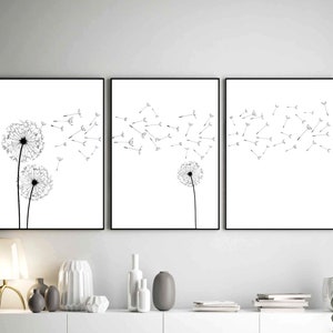 Dandelion Wall Art, Wall Art Prints,  Dandelion Set of 3 Print,  Minimalist Prints, Decor Black White, Minimalist Decor