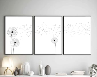 Dandelion Wall Art, Wall Art Prints,  Dandelion Set of 3 Print,  Minimalist Prints, Decor Black White, Minimalist Decor